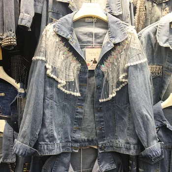 

Harajuku Sequins Jean Jacket Women Lace Mesh Spliced Denim Coat Outwear Spring Loose Cowboy Jackets Ladies Casual Jeans Coats