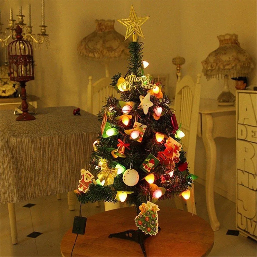 

60cm Artificial Mini Pre-Lit Decorated Christmas Tree Tabletop Decoration Christmas Tree with LED Light DIY Home Xmas Ornaments