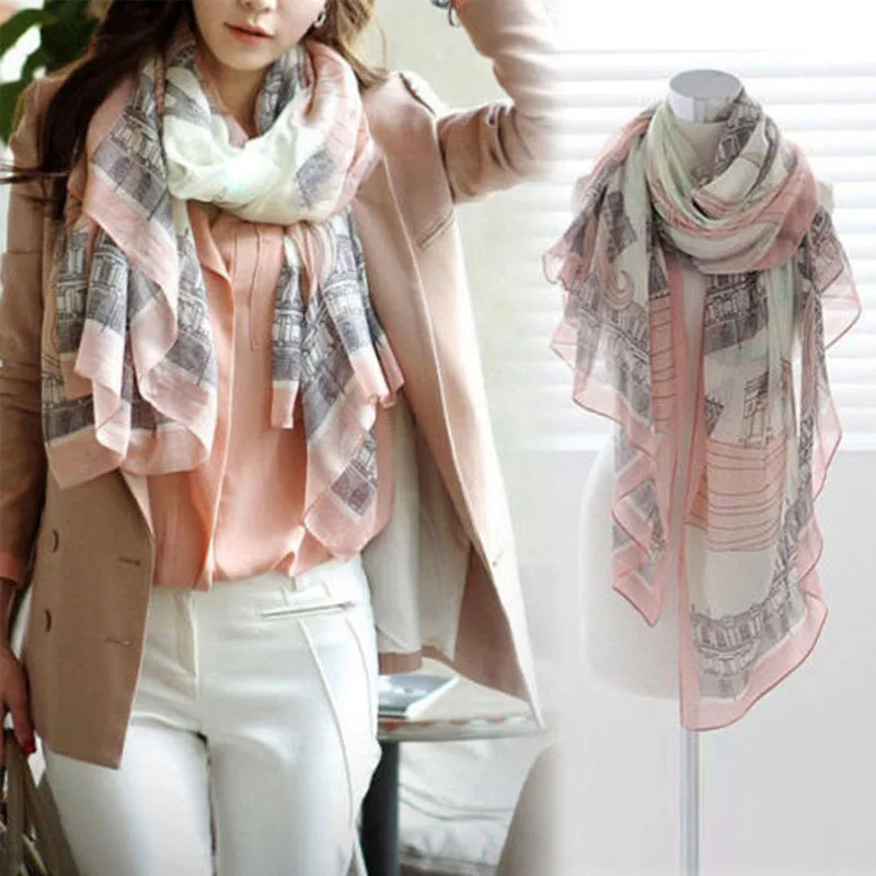 

Eiffel Tower Print Europe Style Charming Elegant Long Cotton Neck Scarf Pink Thin Wrap Stole Shawl Casaul Harajuku Hot Sale 2019