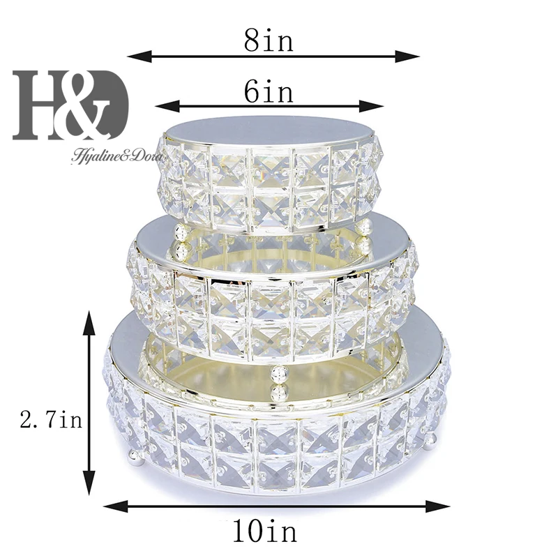 H& D 3-уровневая подставка для кексов, серебристая зеркальная поверхность, подставка для кексов, круглая металлическая подставка для десерта, свадебной вечеринки с хрустальными бусинами