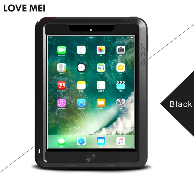 Love Mei Powerful Shockproof Aluminum Case Metal Cover For New iPad 9.7 2017 Armor Gorilla Glass Protective Shell