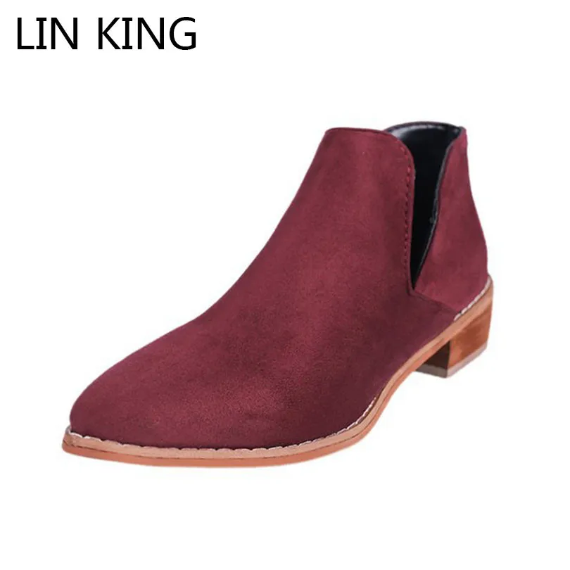 

LIN KING Spring Autumn Women Ankle Boots Slip On Flock Short Boots V-Neck Square Heel Shallow Pointed ToeLady Boots Botas Mujer