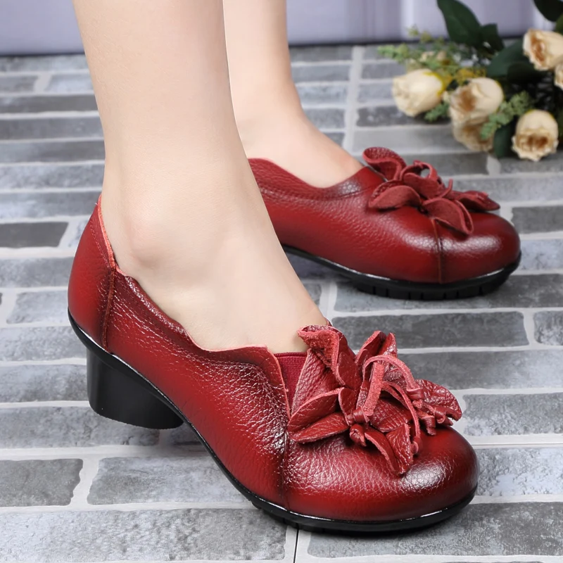 Cuir Bout La Chaussures Style En bleu Véritable Noir Femmes Main Rétro Hauts rouge Épais Pompes Belle À Avec Rond Talons qSpPwZ