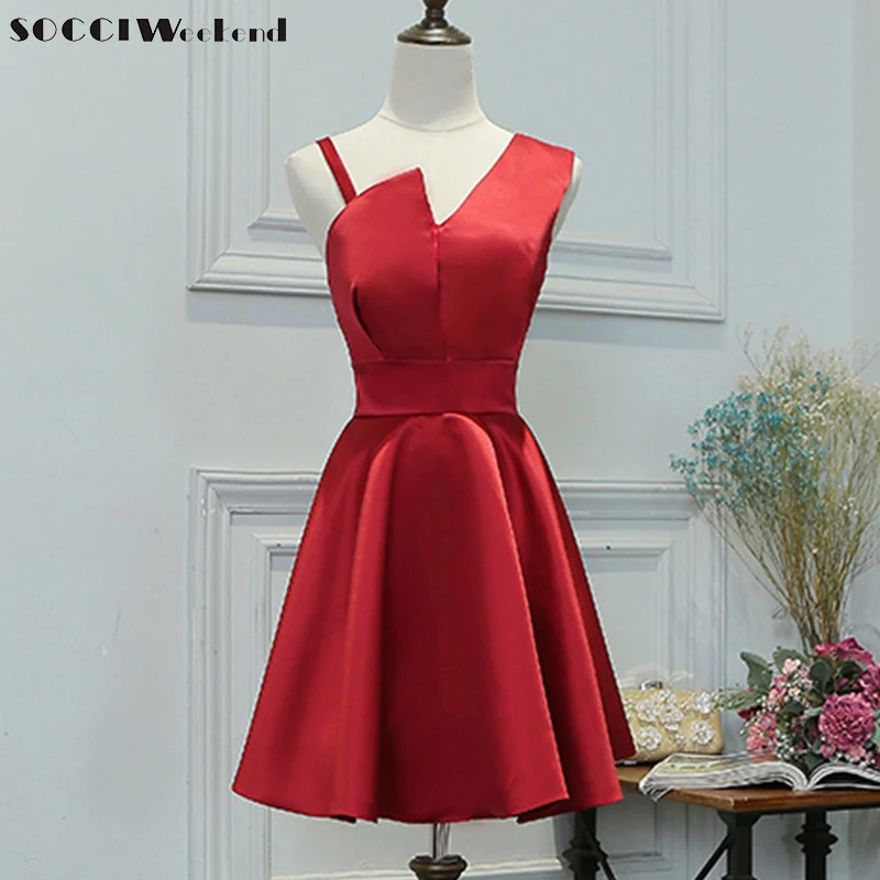 

SOCCI Asymmetrical Shoulder Spaghetti Strap Simple Short Evening Dresses Nipped Waists Solid A-Line Built-in Bra Dress Vestito