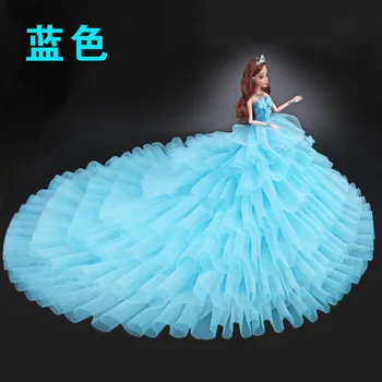 

NK One Pcs Doll Dress Princess Blue Trailing Wedding Dress Noble Party Dress For Barbie Doll Accessories Girl Doll Best Gift 01L