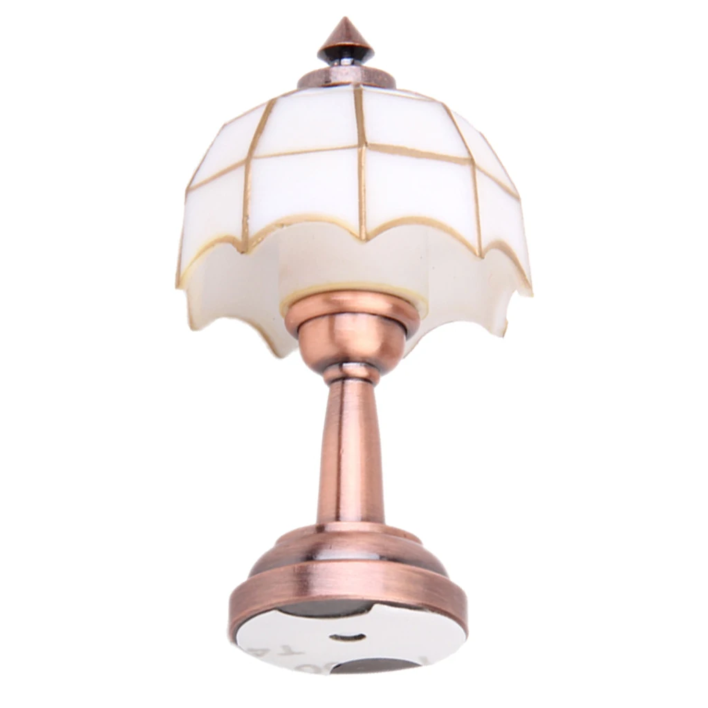 Bronze Metal LED Desk Lamp Model with Umbrella Shape Lampshade For Dolls House Miniature Decoration