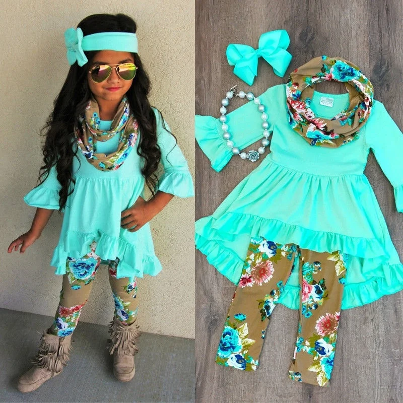 

2019 New Fashion Kids Baby Girls T-shirt Tops Dress+Floral Leggings Headband Outfits Clothes Set 1-6Y