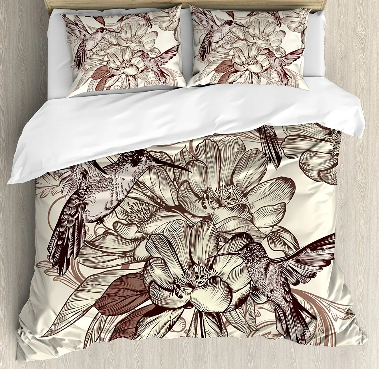 Duvet Cover Set King Size, Pattern with Birds and Flowers Classic Style