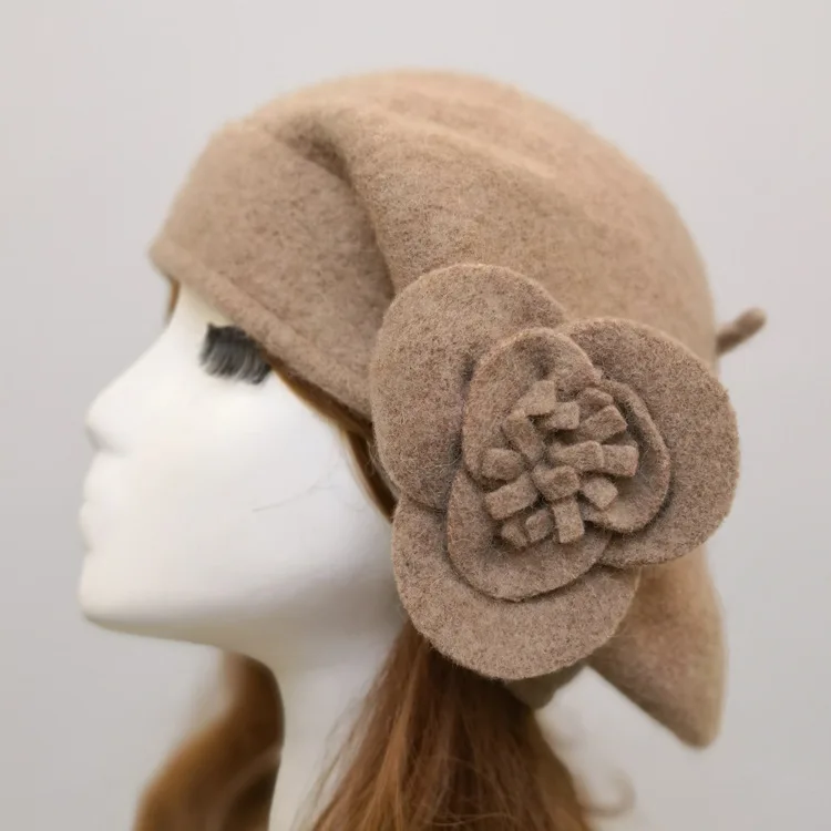 Фибоначчи, новинка, Осень-зима, женские береты, шапка, флоппи, цветочный рисунок, шерстяные шапки, купол, теплая шапка для мамы - Цвет: Хаки