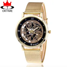 OKTIME Vogue Gold Mesh Band Hole Out Wrist Watch Informal Girls Stainless Metal Quartz Watches Reward Relogio Feminino KT27