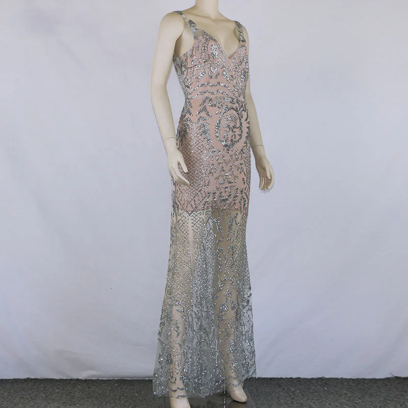 Элегантное женское блестящее длинное платье с блестками, винтажное вечернее платье с v-образным вырезом, женские макси платья с открытой спиной, сексуальное прозрачное Сетчатое платье