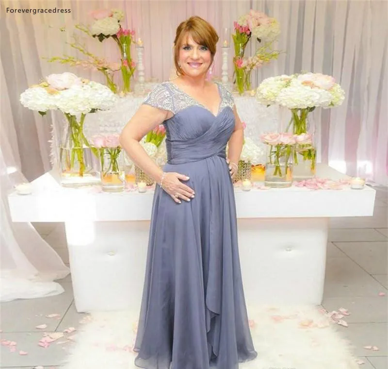 Plus Size Mother of The Bride Dress Sheer Cap Sleeve Appliques A Line Chiffon Floor Length Mother Formal Wedding Party Evening Gowns  123 (4)