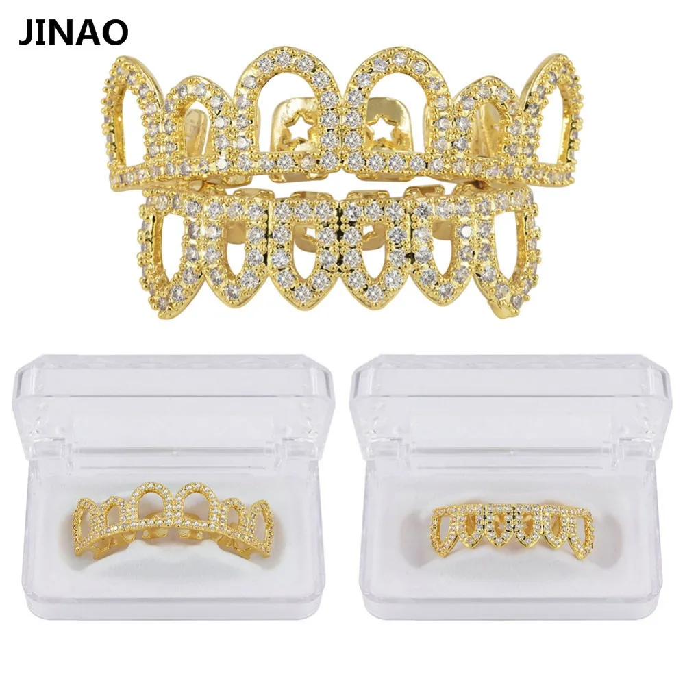 

JINAO Gold Color Plated 6 Opened Teeth Grills Costume Hollow Dracula Fangs Set Micro Pave CZ Stones Top & Bottom Teeth Grill