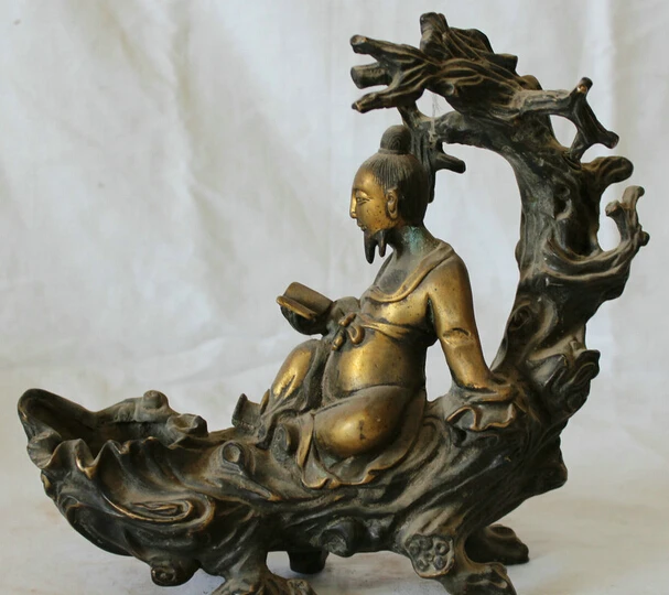 

JP S0524 9" Old Chinese History Bronze Gilt Old Man Hard Reading Book Under Tree Statue P