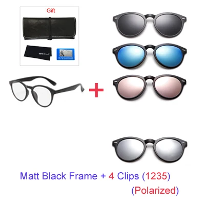 Два Oclock 5 в 1, магнитные солнцезащитные очки, женские, поляризационные, на застежке, очки для мужчин, Круглые, по рецепту, оптические очки для близорукости, оправы A2205 - Цвет линз: 1 Frame 4 Clip 1235