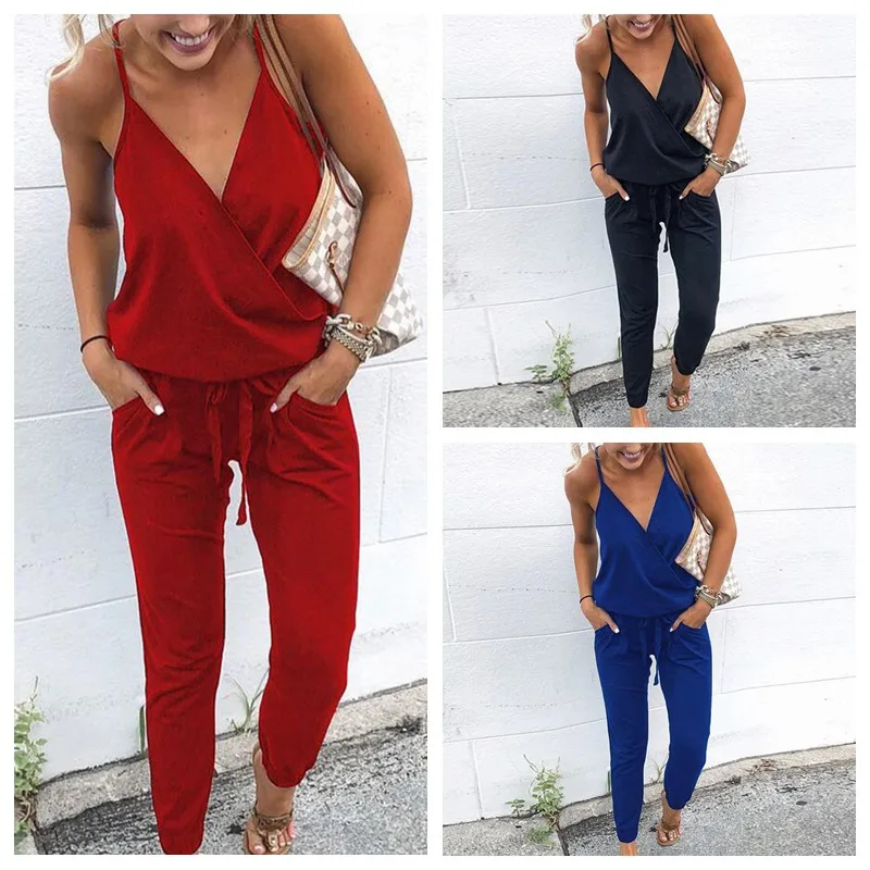 

Women's V Neck Jumpsuit Drawstring Jumpsuits Rompers Spaghetti 2019 Waisted Long Solid Strap Causal Pants Summer