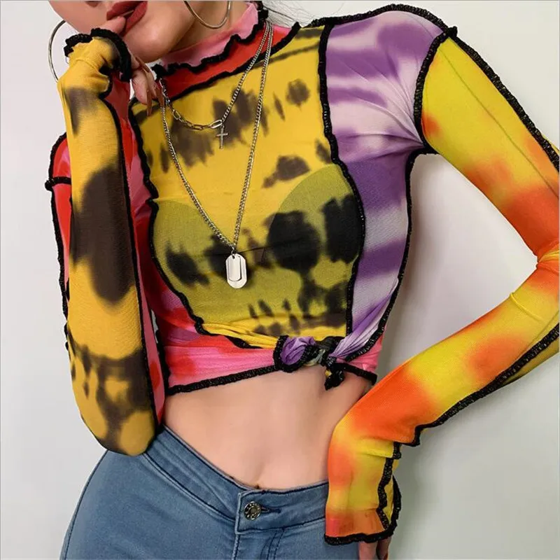 Модная футболка BOOFEENAA, женские футболки с графическим принтом Tye Dye, Лоскутная Прозрачная Сетчатая футболка с высоким воротом и длинным рукавом, уличная одежда, C94-AZ15