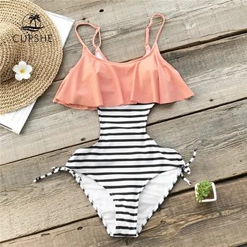 

CUPSHE Ruffle One-piece Swimsuit Women Falbala Pink And Striped Beach Bathing Suit Swimwear 2020 Girl Sexy Backless Monokini