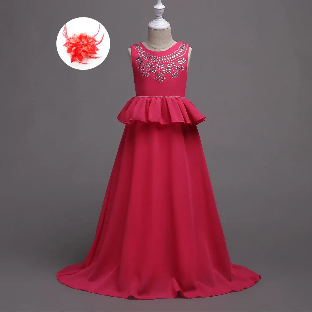 

Deep Pink Red Purple Maxi Elegant Gowns for Kids Rhinestane Top Lower Back Children Long Dress To Party Girls Size 12-16