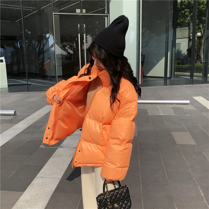 Bright Colors Winter Jacket Women Parka Warm Thick Solid Short Style Cotton Padded Parkas Coat Loose Stand Collar Outwear