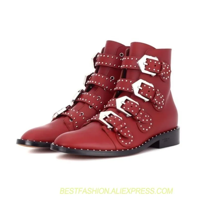 

Fashion red ankle boots rivet rivet military boots designer shoes women's luxury short combat cowboy boots women's buckle shoes