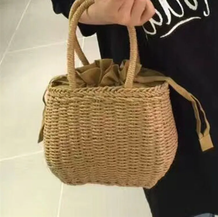 

2018 Women Hand-woven Summer Pure Straw Bag Beach Handmade Woven Handbags Causal Shoulder Bags for Women Boho Shopping Tote