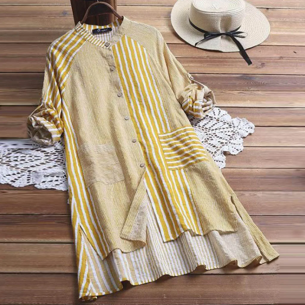 

Fashion Women Dresses Plus Size Cotton And Linen Button Striped Print Long Sleeve Tops 2019 Summer Beach Dress Vestido Sundress
