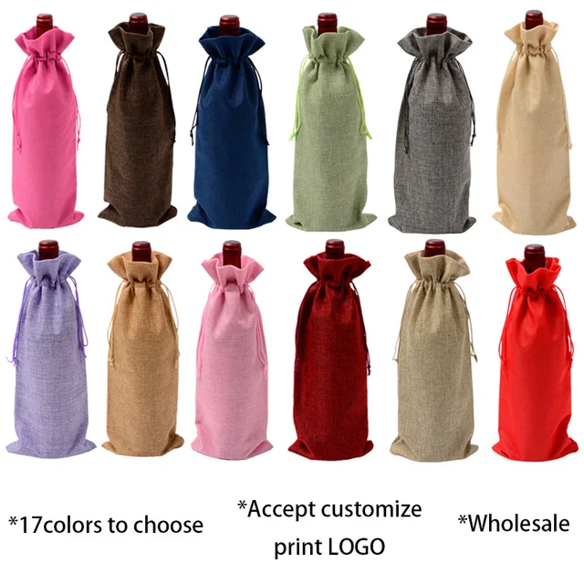 Vintage Rustic Jute Wine Bag Hessian Burlap Drawstring Gift Bags Wedding Party Decor Red Wine Bottle Covers Wrap Packaging Pouch