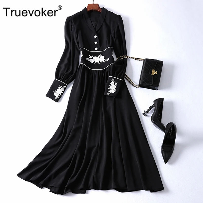 

Truevoker Autumn Designer Dresses Women's High End Vintage Gold Thread Embroidery Black Midi Robe Femme Ete Boutique Vestidoes