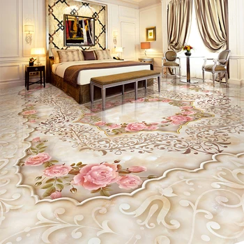 

Custom 3D Floor Tiles Wallpaper Marble Pink Flowers Photo Mural Living Room Bedroom Malls PVC Waterproof Wear Murals Sticker 3 D