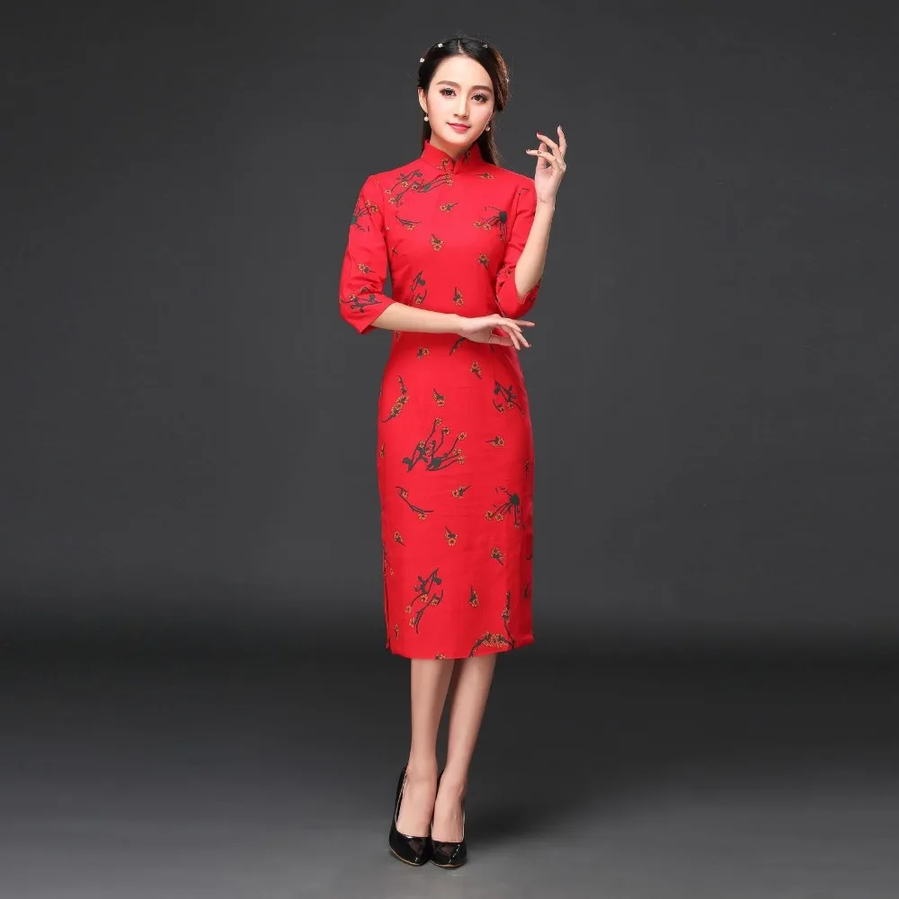 Китайское традиционное платье размера плюс 4XL, женское хлопковое льняное Cheongsam Qipao, Летнее Длинное платье с рукавом три четверти