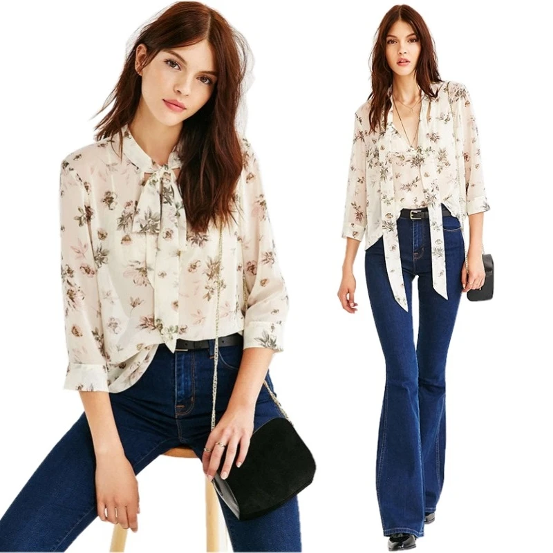 

FT1002 Lady Summer Full Sleeve Chiffon Blouse Floral Print V-neck Bandage Lace up Pullover Shirts Tops Fashion Streetwear
