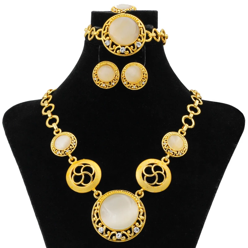 

High Quality Fashion 24 Gold Jewelry Sets White Crystal Necklace Ring Bracelet Wedding Anniversary Commemorate Gift Accessories