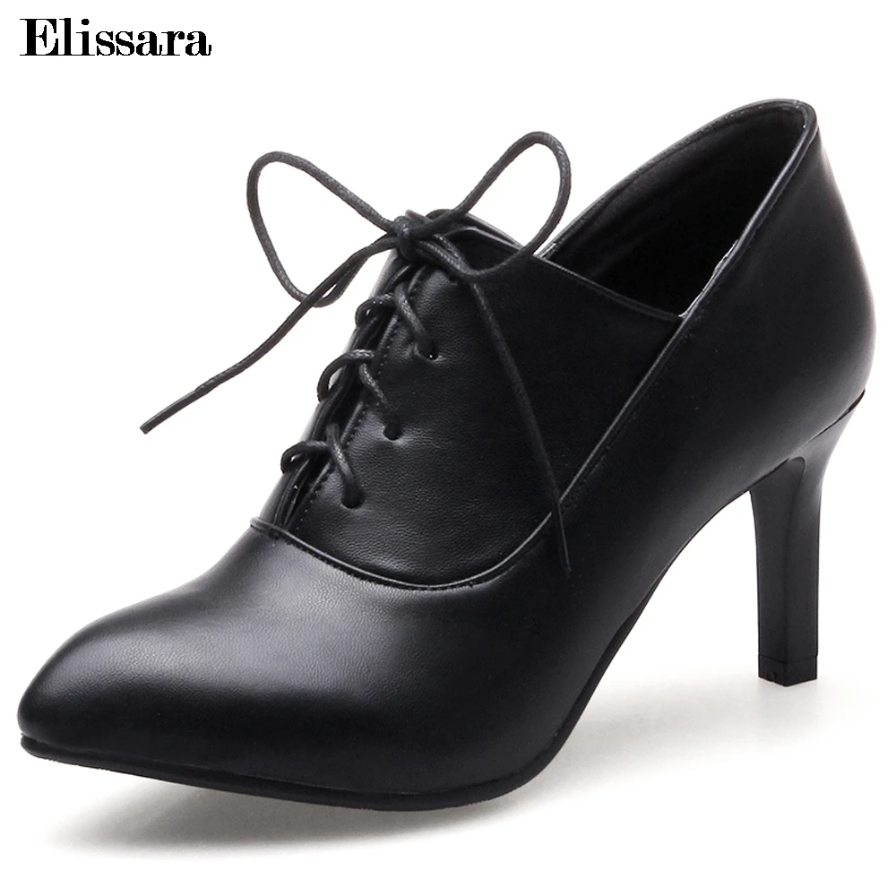 Elissara Fashion Women High Heels Pumps Shoes Women Spring Autumn Pointed Toe Lace Up Wedding Party Shoes Plus Size 33-45