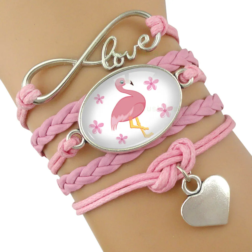 

Flamingo Birds Animal Flower Heart Infinity Love Pink Baby Blue 18*25mm Dome Cabochon Charm Leather Bracelets Women Men Jewelry