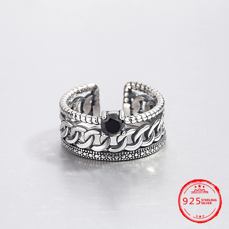 

925 Silver Ring Vintage Twist Black Zircon Men's and Women's Ring Gift