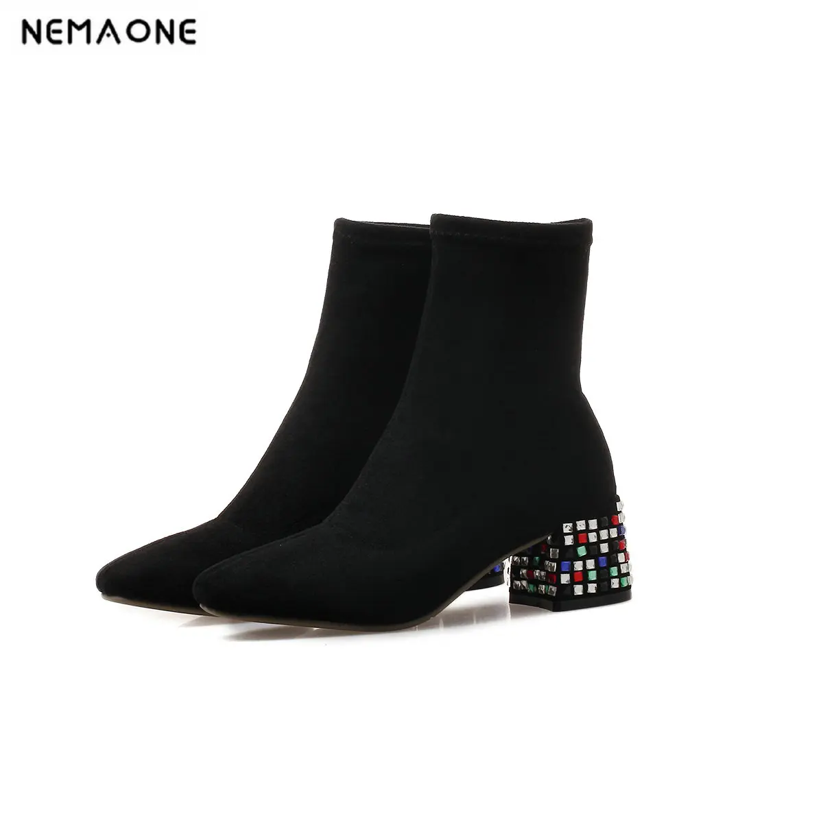 

NEMAONE 2019 suede leather ankle boots for women mixed colors crystal square heels autumn boots fashion casual shoes big size 42