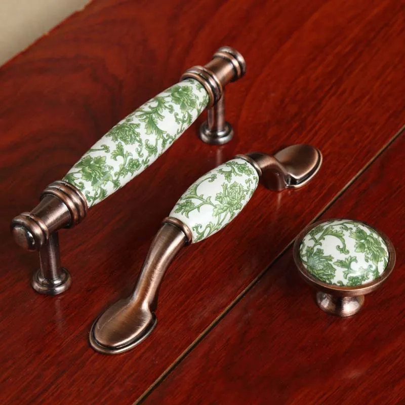 96mm vintage fashion green flower rural ceramic kitchen cabinet dresser door handle 3\