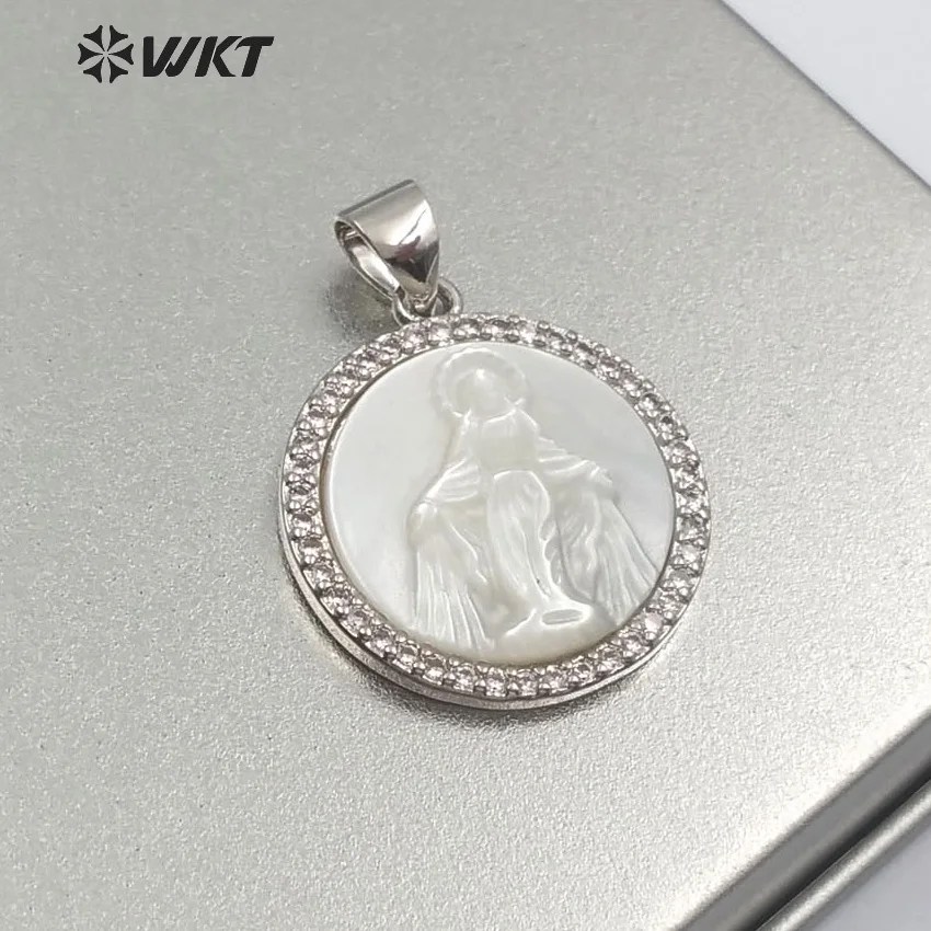 WT-MP113 Blessed Virgin Mary Miraculous Medal Round Pendant Charm Cubic  Zirconia Shell De Guadalupe Pendant Religious Jewelry