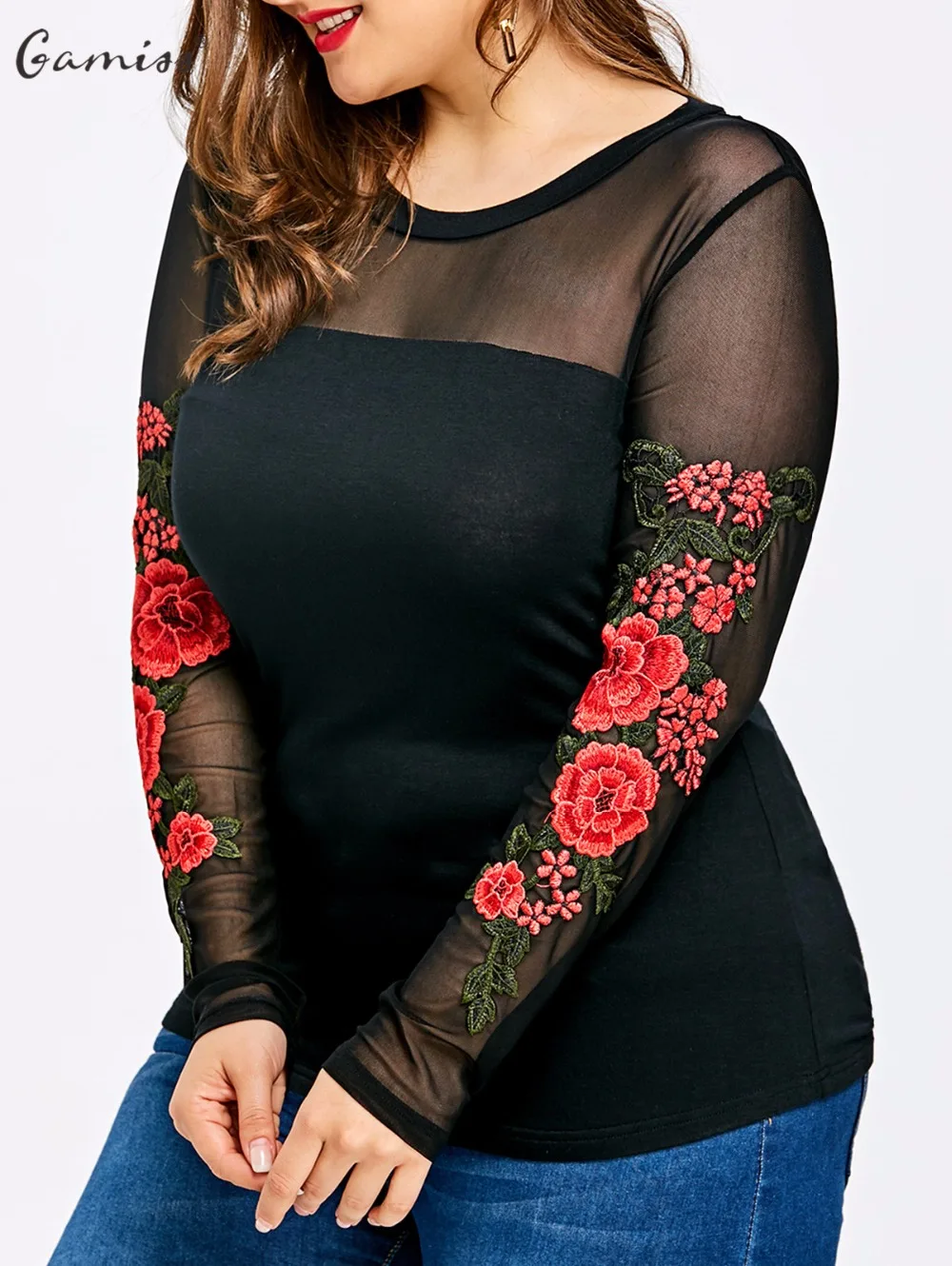 Gamiss Women Plus Size Embroidery Sheer Long Sleeve tops Shirts Women