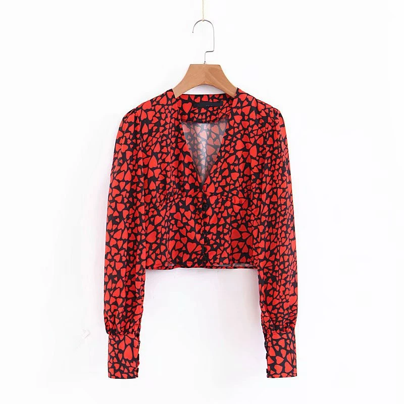 

2019 ladies red peach heart leopard shirt V-neck long-sleeved casual loose hologram chiffon shirt jacket women