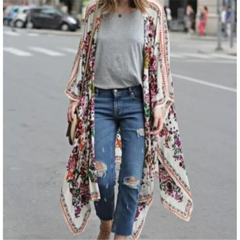 

2019 Summer Fashion Boho Vintage Women Floral Loose Shawl Kimono Cardigan Chiffon Fashion Casual Coat Jacket Blouse