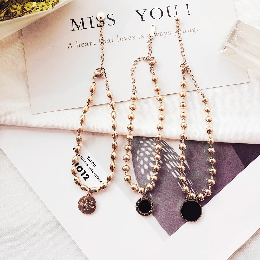 

Simple Fashion Round Wafer Pendant Bracelet Rose Gold color Titanium Steel Beaded Bracelets Bangles for Women Charm Jewelry