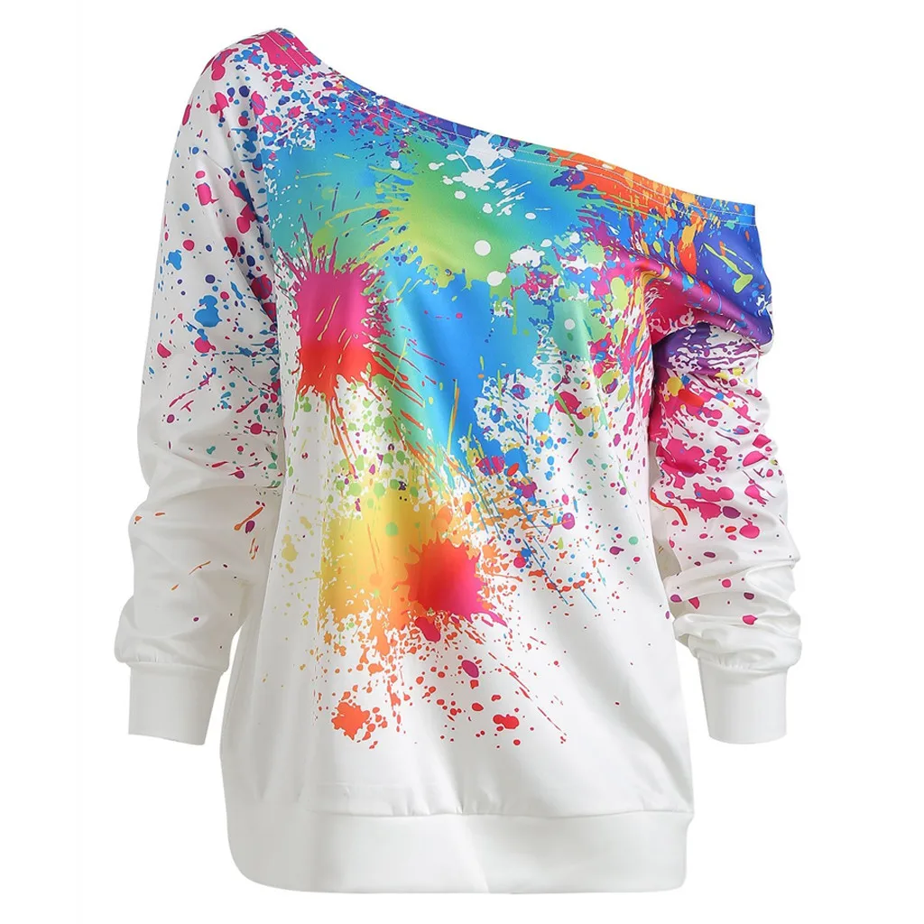 

2019 Fashion Women Hoodies Spring Long Sleeve Paint Splatter Print Sweatshirt Autumn One Shoulder Ladies Pullover Top Blouse