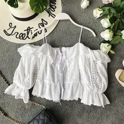 ВЗЛЕТНО посадочной полосы дизайнер для женщин летние шорты блузка элегантный белый Slash средства ухода за кожей шеи вышивка Blusas корейски