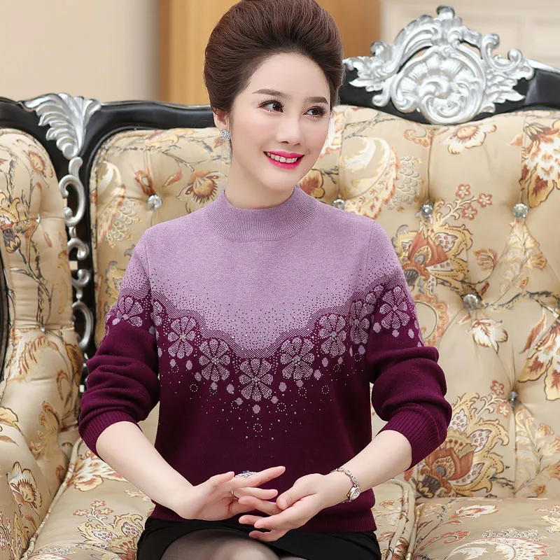 

Autumn Winter Middle Aged Women Cashmere Sweater Casual Turtleneck Long Sleeve Floral Knitted Pullover Sweater Plus Size M-4XL