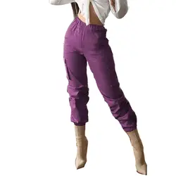 JUNMA женские модные брюки карго с высокой талией хлопковые уличные брюки с эластичной резинкой на талии фиолетовые карманы Лоскутные