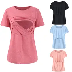 Кормящих мам кормящих грудью одежду большой Размеры беременных Для женщин футболка с короткими рукавами одноцветное Цвет летний топ для