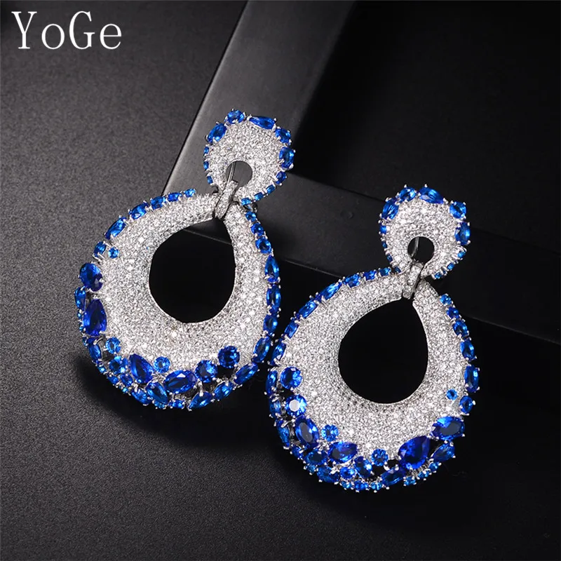 

YoGe statement jewellery, E1195B Luxury new design AAA CZ blue big bold fancy drop earrings,U clasp ,women's jewelry