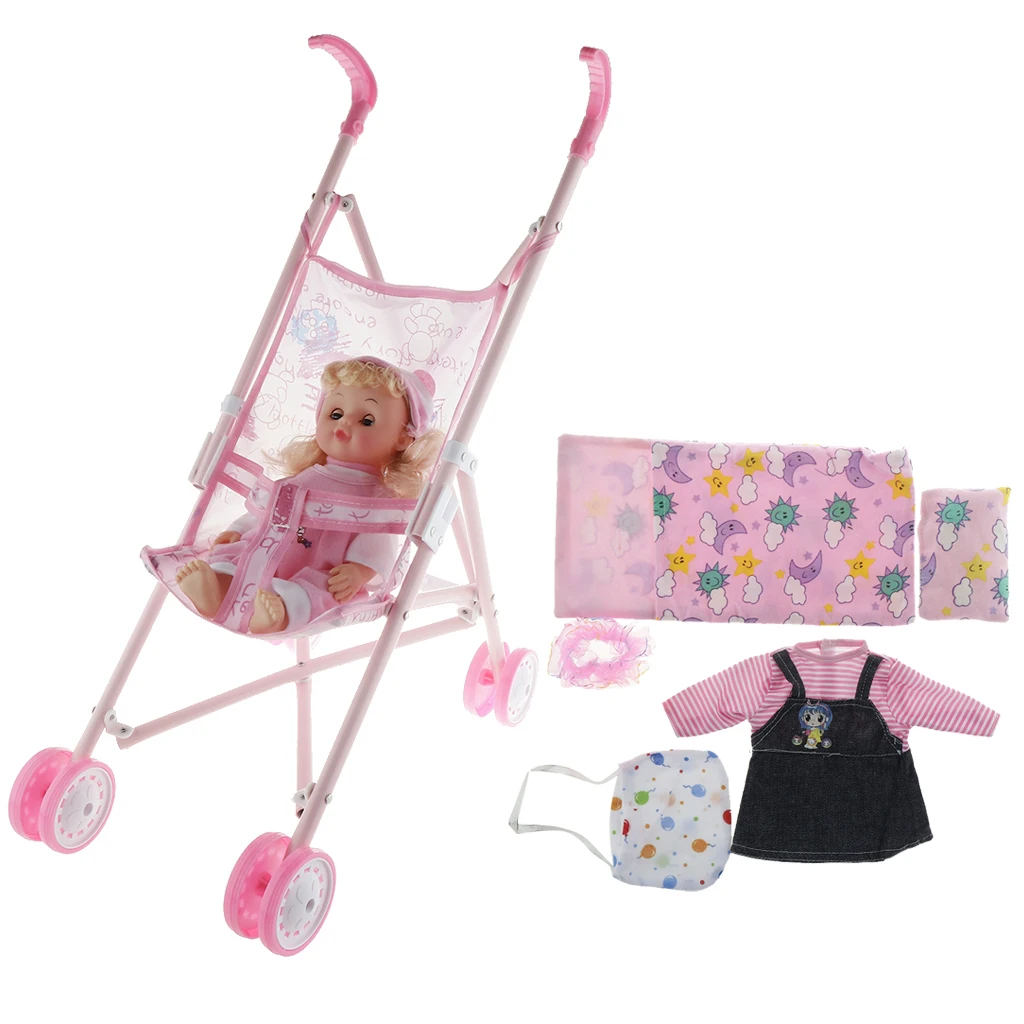 

Doll Stroller Pram with Doll and Sleeping Bag Accs Playset, for Aged 3+